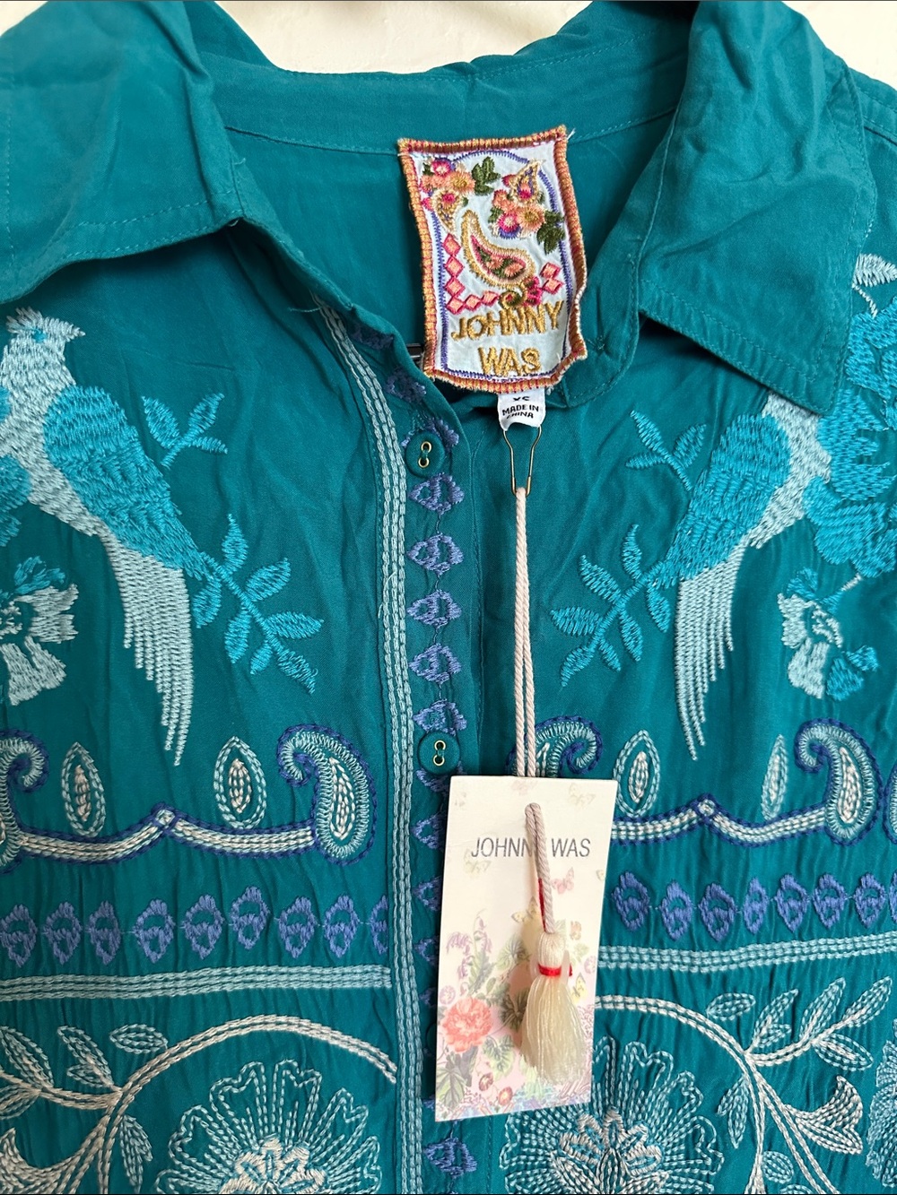 Johnny Was Teal Embroidered Bird Motif Jacket